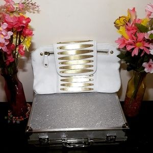 WHITE LEATHER ROMY GOLD CLUTCH WITH GOLD DETAIL